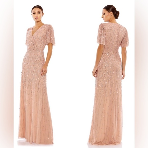 NWTMac Duggal 35109 Nude Pink Embellished Flutter Sleeve Gown Size 10